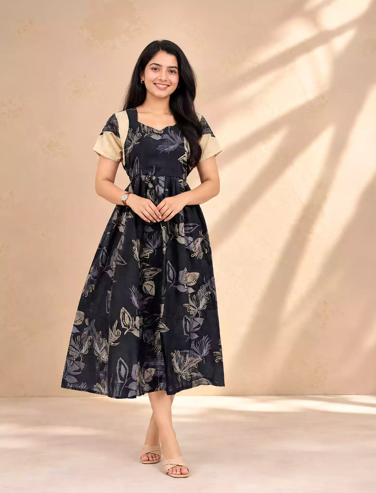 Black Botanical Sketched Printed Rayon Vatican Maxi Frock with Contrast Beige Sleeve - Mangai Nighties