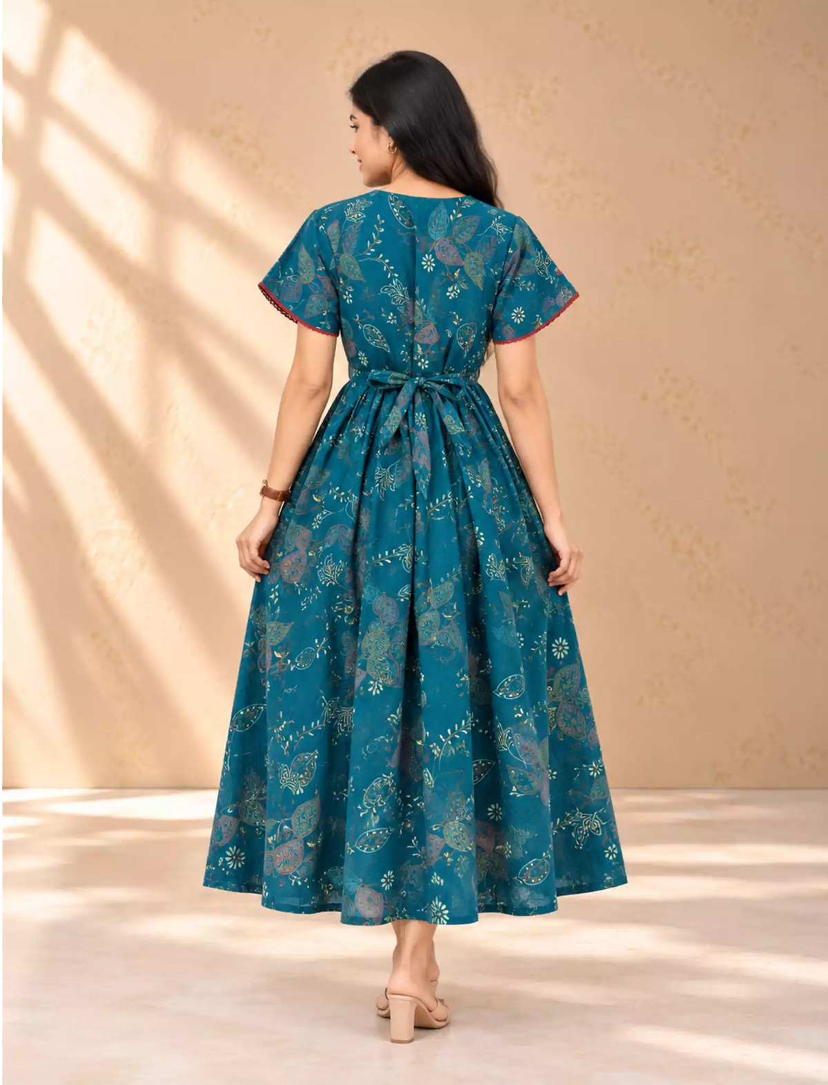 Paisley Floral Printed Rayon Vatican Maxi Frock with Petal Sleeve - Mangai Nighties