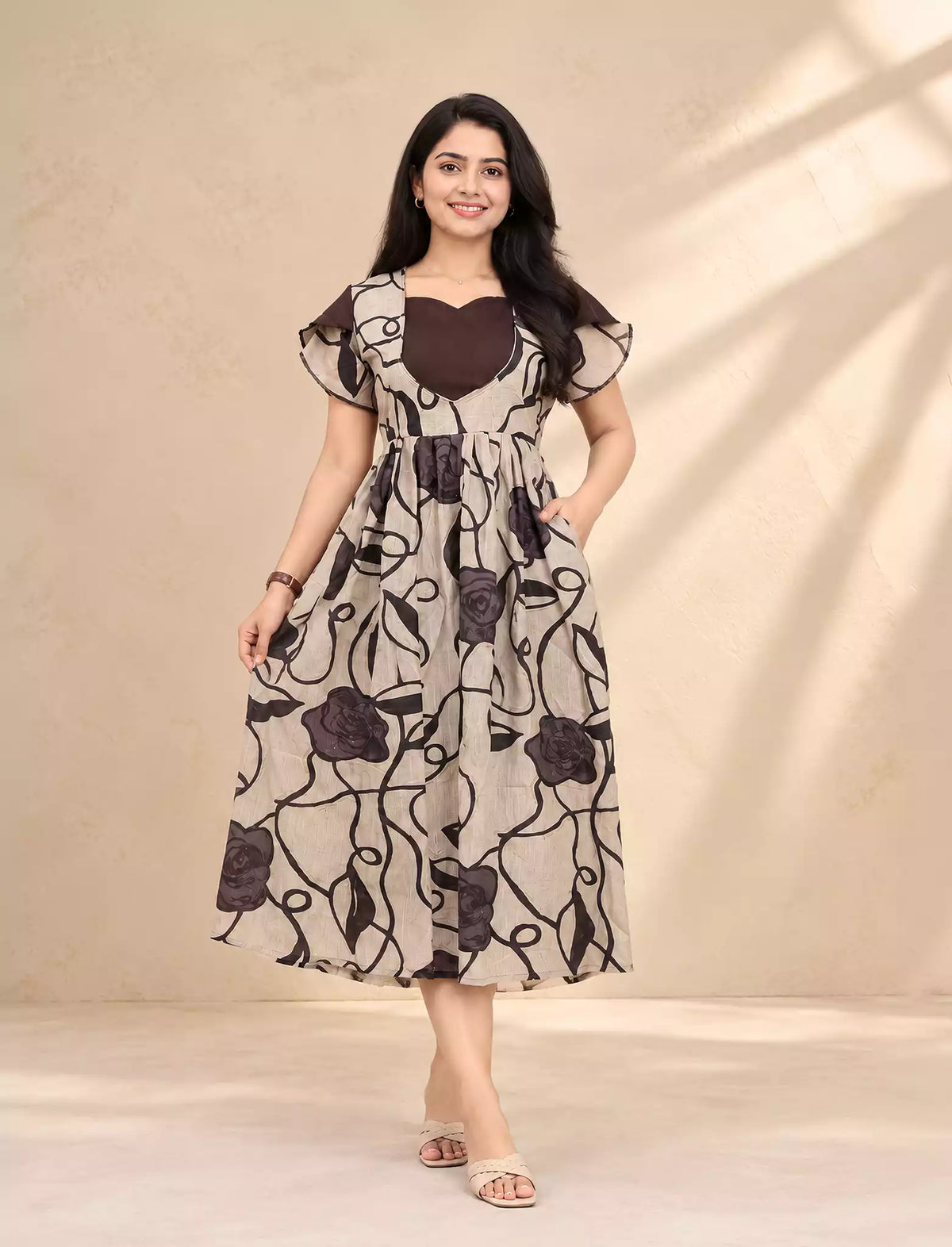 Swirling Rose Floral Vine Print Vatican Maxi Frock with Petal Sleeve - Mangai Nighties