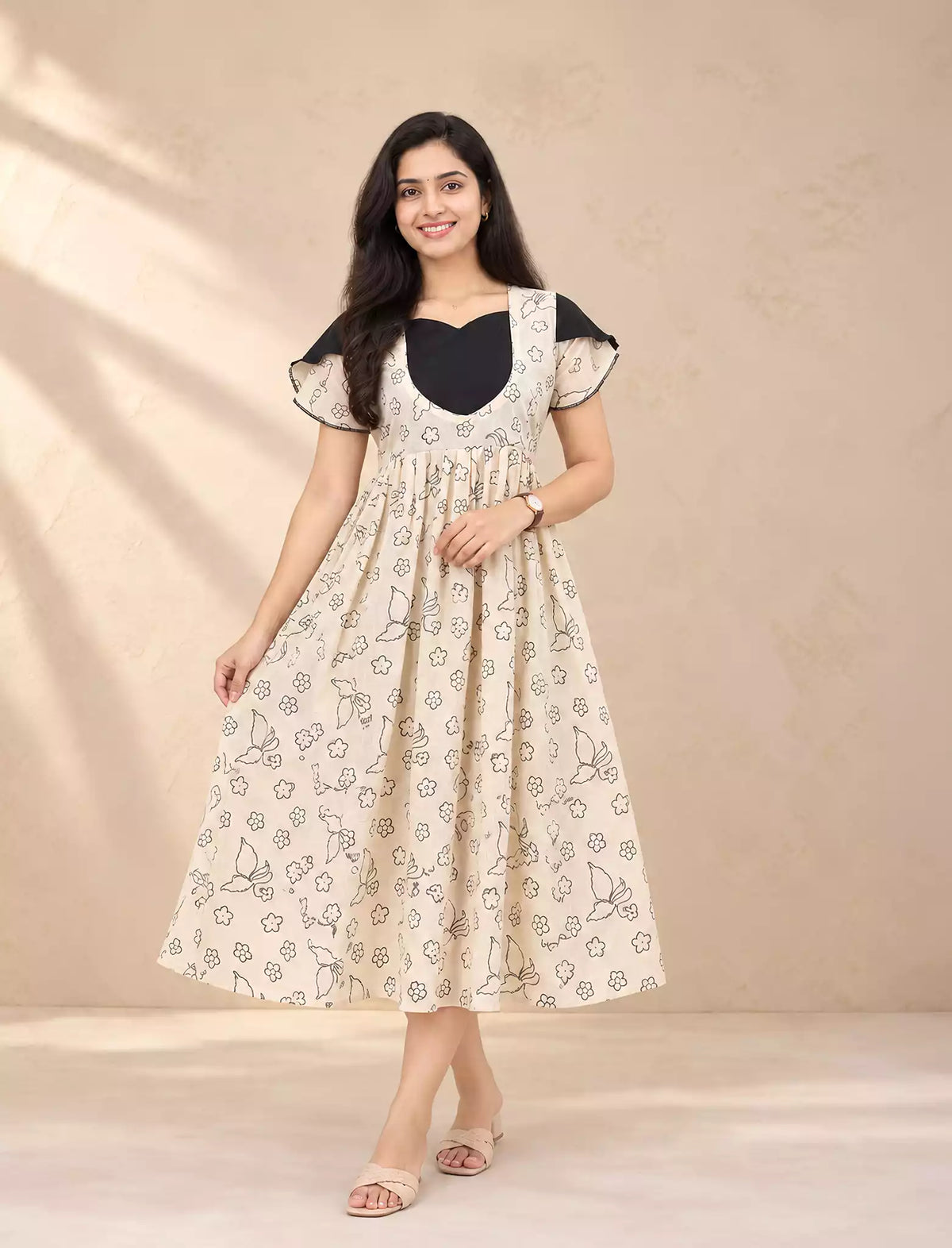 Line Art Floral Cream Rayon Petal Sleeve Vatican Maxi Frock- Mangai Nighties