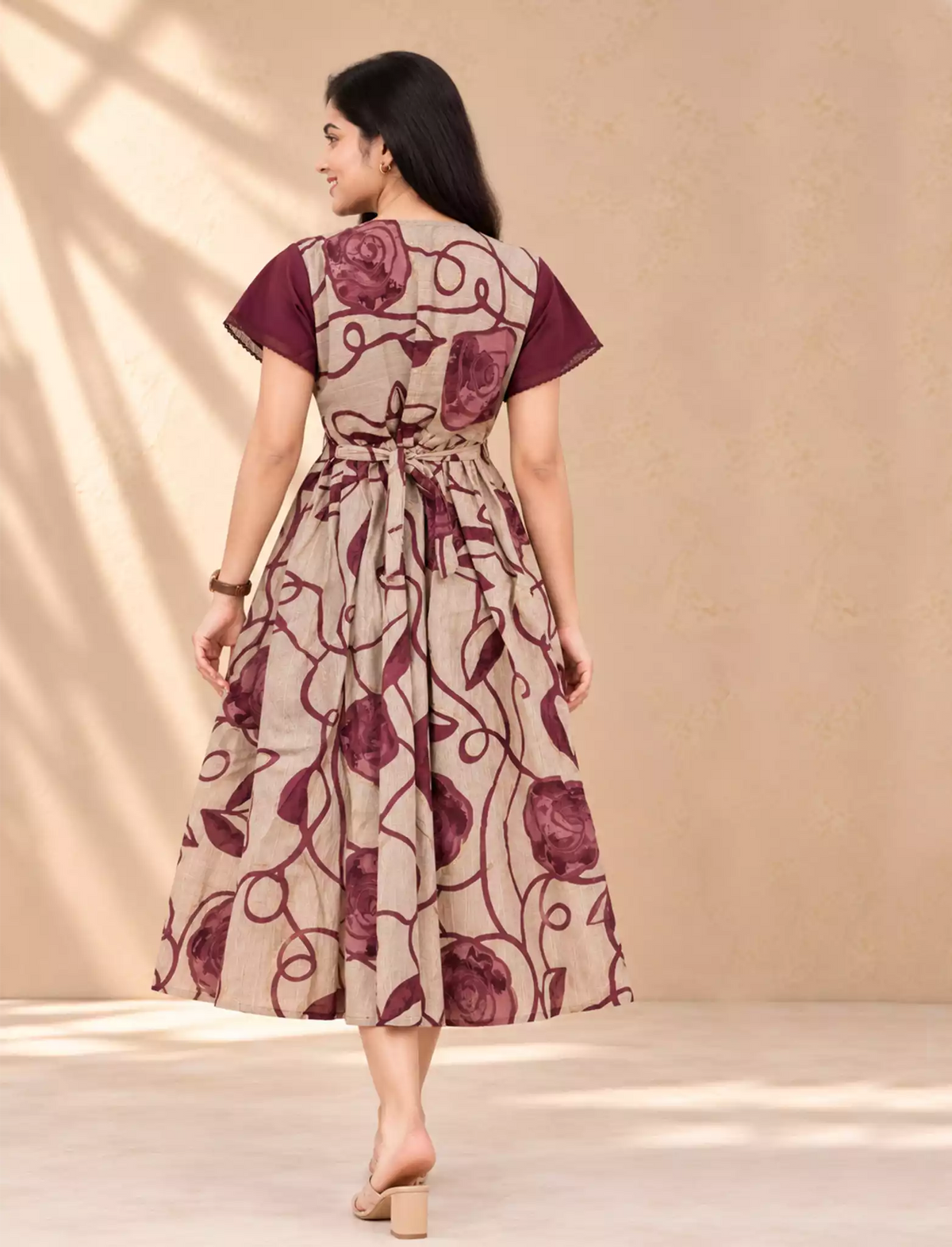 Swirling Rose Floral Vine Print Vatican Maxi Frock with Petal Sleeve - Mangai Nighties