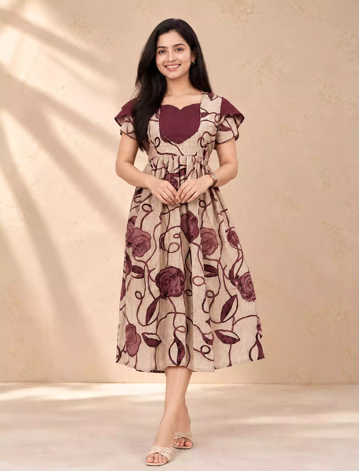 Swirling Rose Floral Vine Print Vatican Maxi Frock with Petal Sleeve - Mangai Nighties