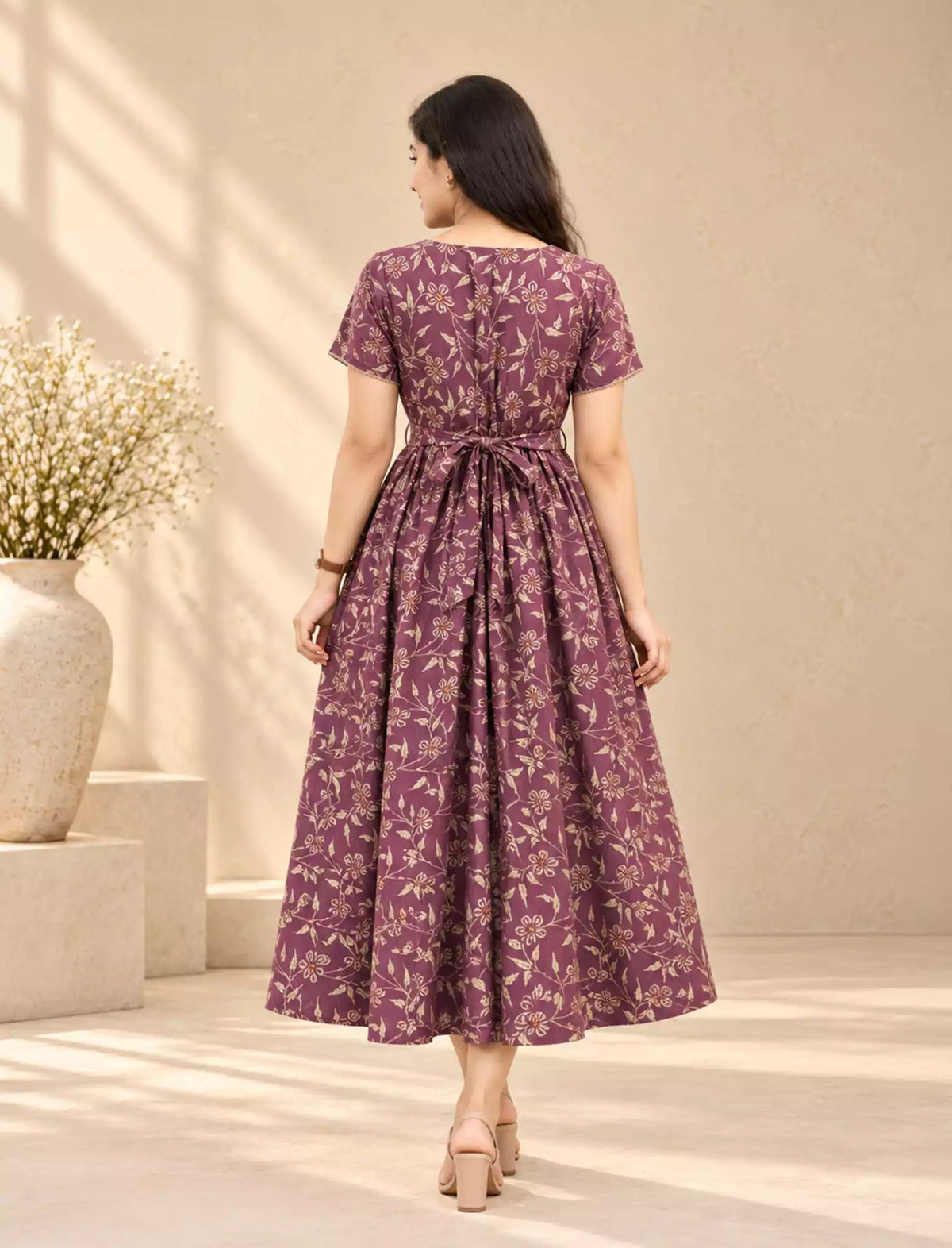 Floral & Leaf Print Rayon Vatican Maxi Frock with Back Tie - Mangai Nighties