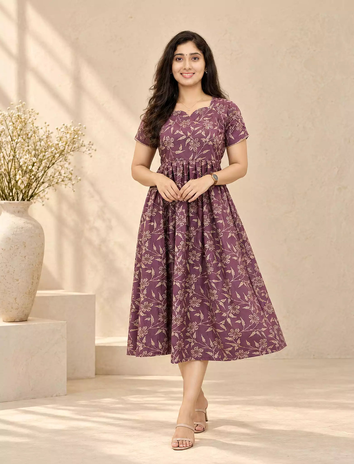 Floral & Leaf Print Rayon Vatican Maxi Frock with Back Tie - Mangai Nighties