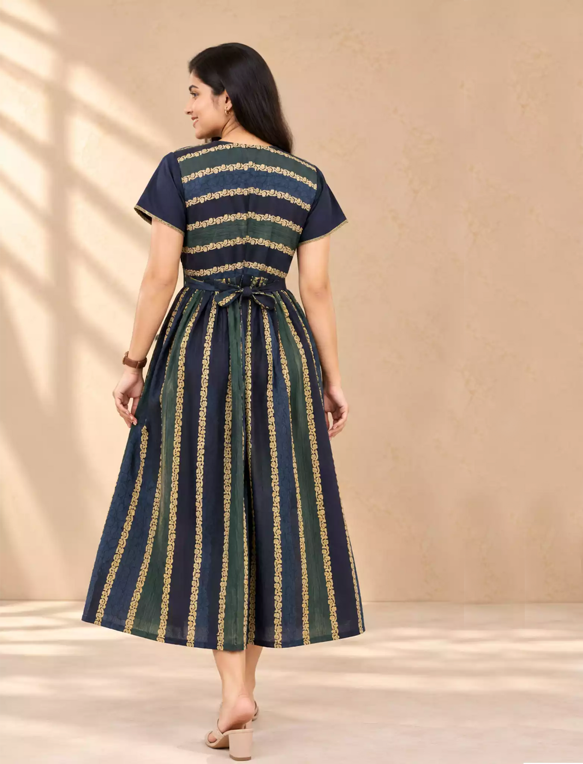 Ethnic Ornamental Stripe Print Vatican Maxi Frock with Back Tie - Mangai Nighties