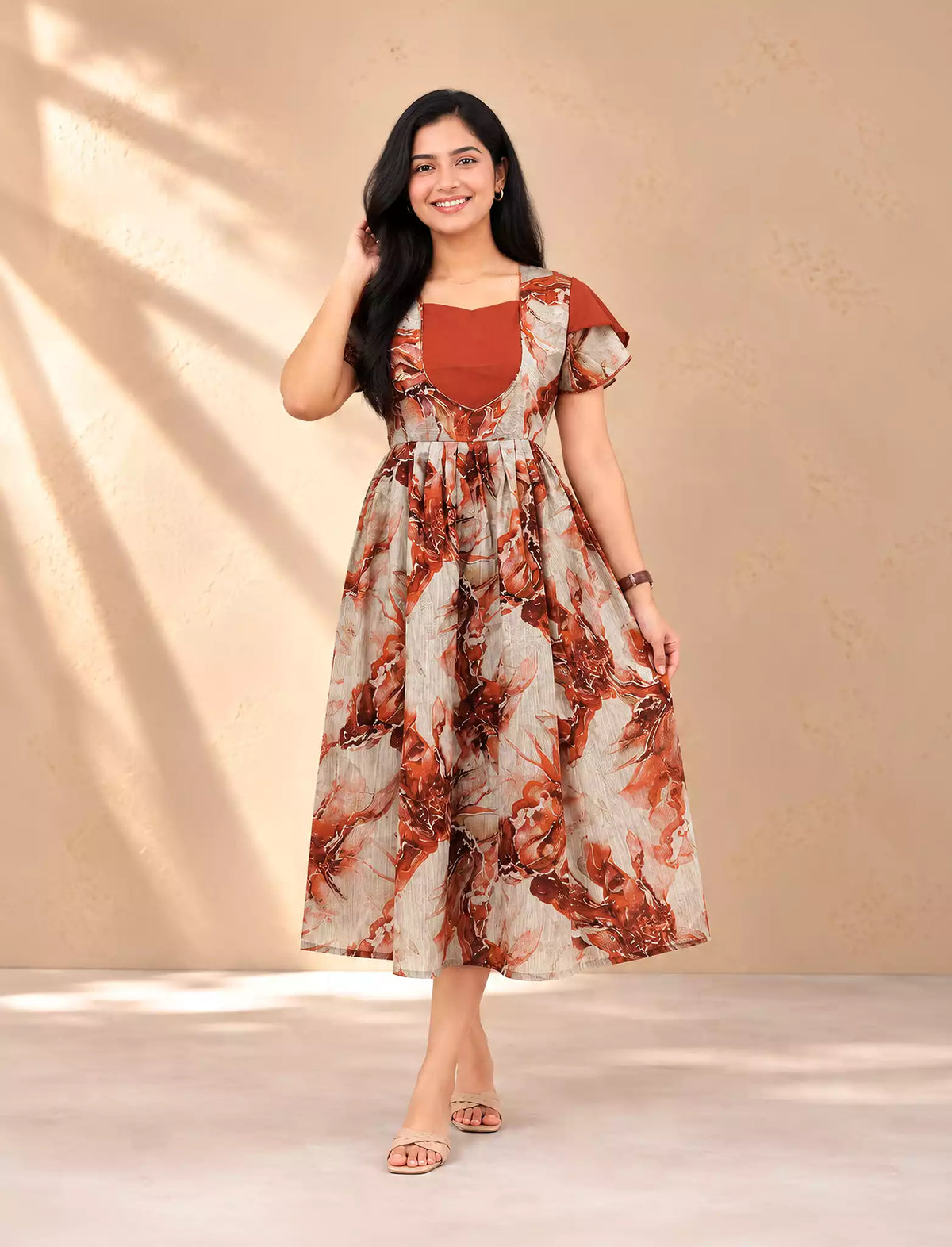 Abstract Botanical Foliage Print Festive Wear Vatican Maxi Frock - Mangai Nighties