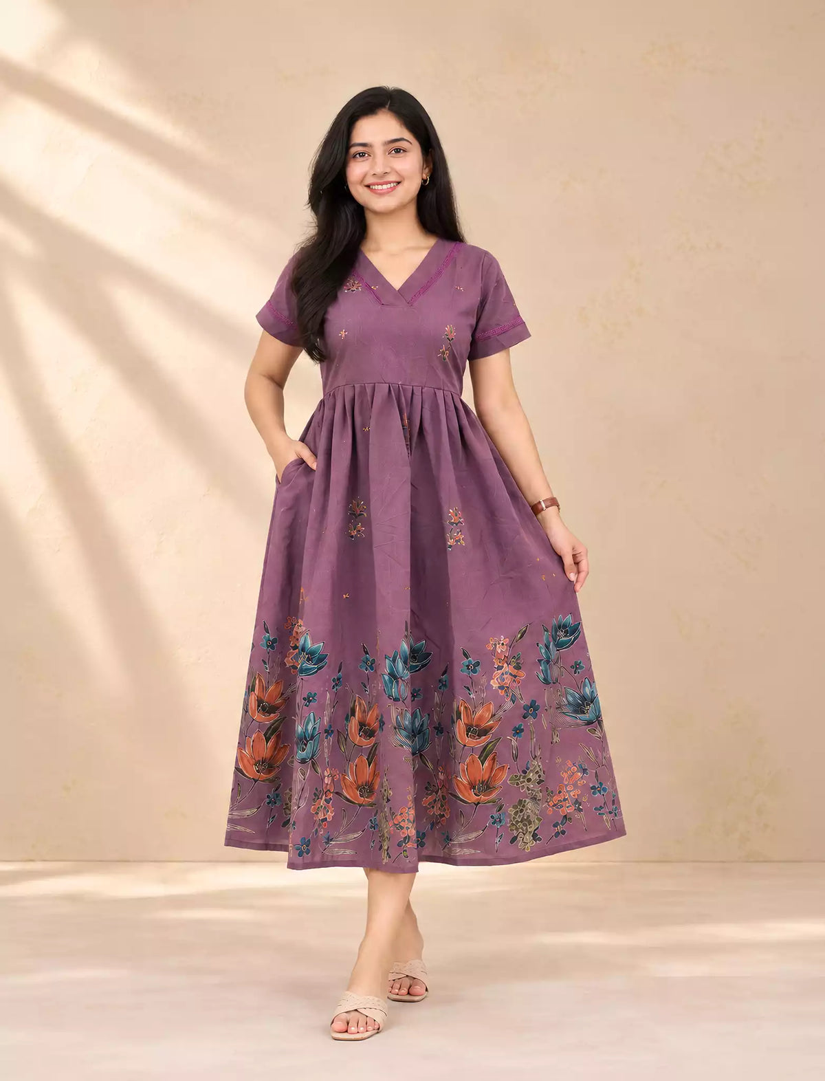 Floral Garden Border Print Petal Sleeve Vatican Maxi Frock- Mangai Nighties