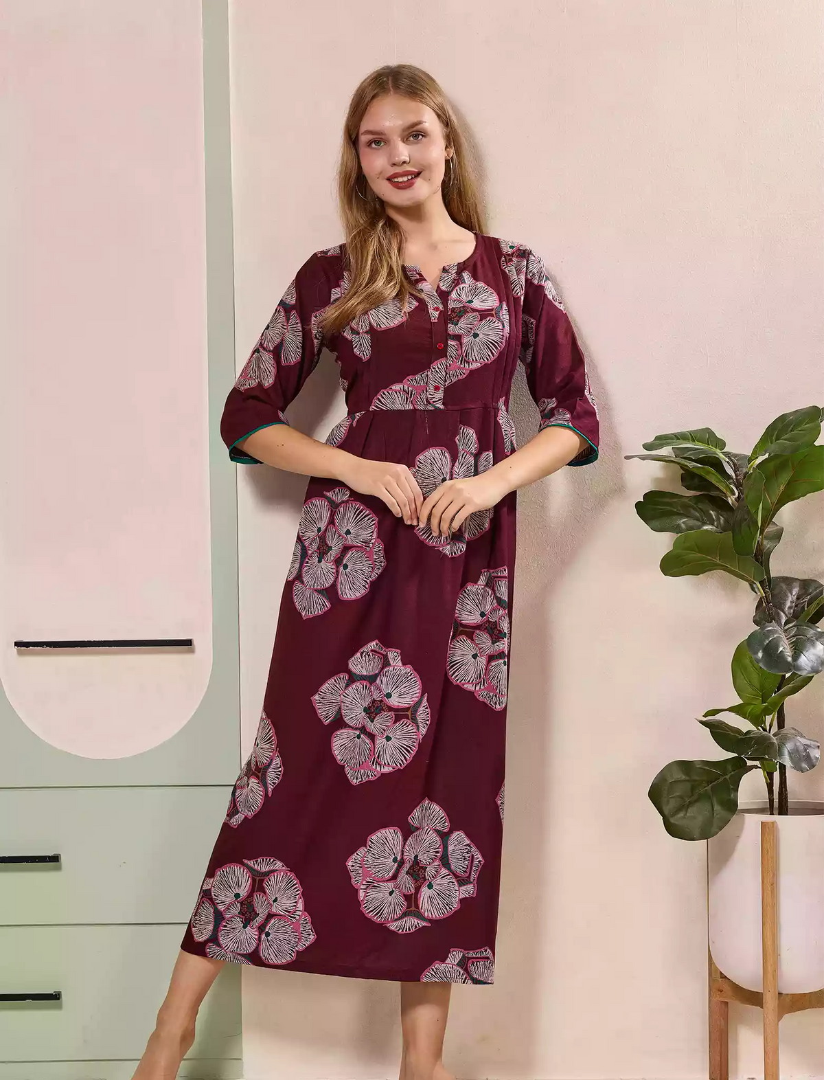 Floral Print Kurti Style Long Sleeve with Pocket – Mangai Nighties