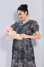 Stylish Picoting Maternity & Feeding Maxi Dress – Abstract Mineral Print Nursing Frock with Invisible Zipper & Puff Sleeves - Breastfeeding Friendly