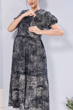 Stylish Picoting Maternity & Feeding Maxi Dress – Abstract Mineral Print Nursing Frock with Invisible Zipper & Puff Sleeves - Breastfeeding Friendly