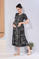 Stylish Picoting Maternity & Feeding Maxi Dress – Abstract Mineral Print Nursing Frock with Invisible Zipper & Puff Sleeves - Breastfeeding Friendly