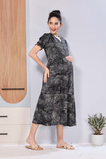 Stylish Picoting Maternity & Feeding Maxi Dress – Abstract Mineral Print Nursing Frock with Invisible Zipper & Puff Sleeves - Breastfeeding Friendly