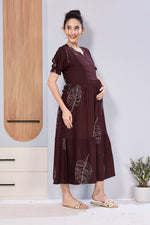 Stylish Picoting Maternity & Feeding Maxi Dress – Navy Geometric Abstract Nursing Frock with Invisible Zipper & Frill Sleeves