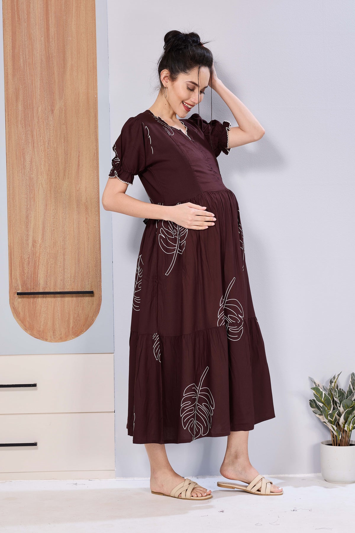 Stylish Picoting Maternity & Feeding Maxi Dress – Navy Geometric Abstract Nursing Frock with Invisible Zipper & Frill Sleeves