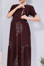 Stylish Picoting Maternity & Feeding Maxi Dress – Navy Geometric Abstract Nursing Frock with Invisible Zipper & Frill Sleeves