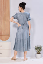 Stylish Picoting Maternity & Feeding Maxi Dress – Navy Geometric Abstract Nursing Frock with Invisible Zipper & Frill Sleeves