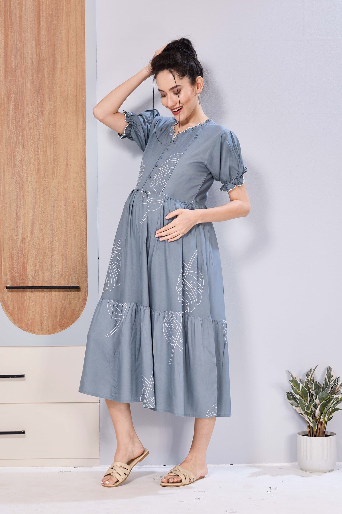 Stylish Picoting Maternity & Feeding Maxi Dress – Navy Geometric Abstract Nursing Frock with Invisible Zipper & Frill Sleeves