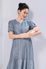 Stylish Picoting Maternity & Feeding Maxi Dress – Navy Geometric Abstract Nursing Frock with Invisible Zipper & Frill Sleeves