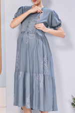 Stylish Picoting Maternity & Feeding Maxi Dress – Navy Geometric Abstract Nursing Frock with Invisible Zipper & Frill Sleeves