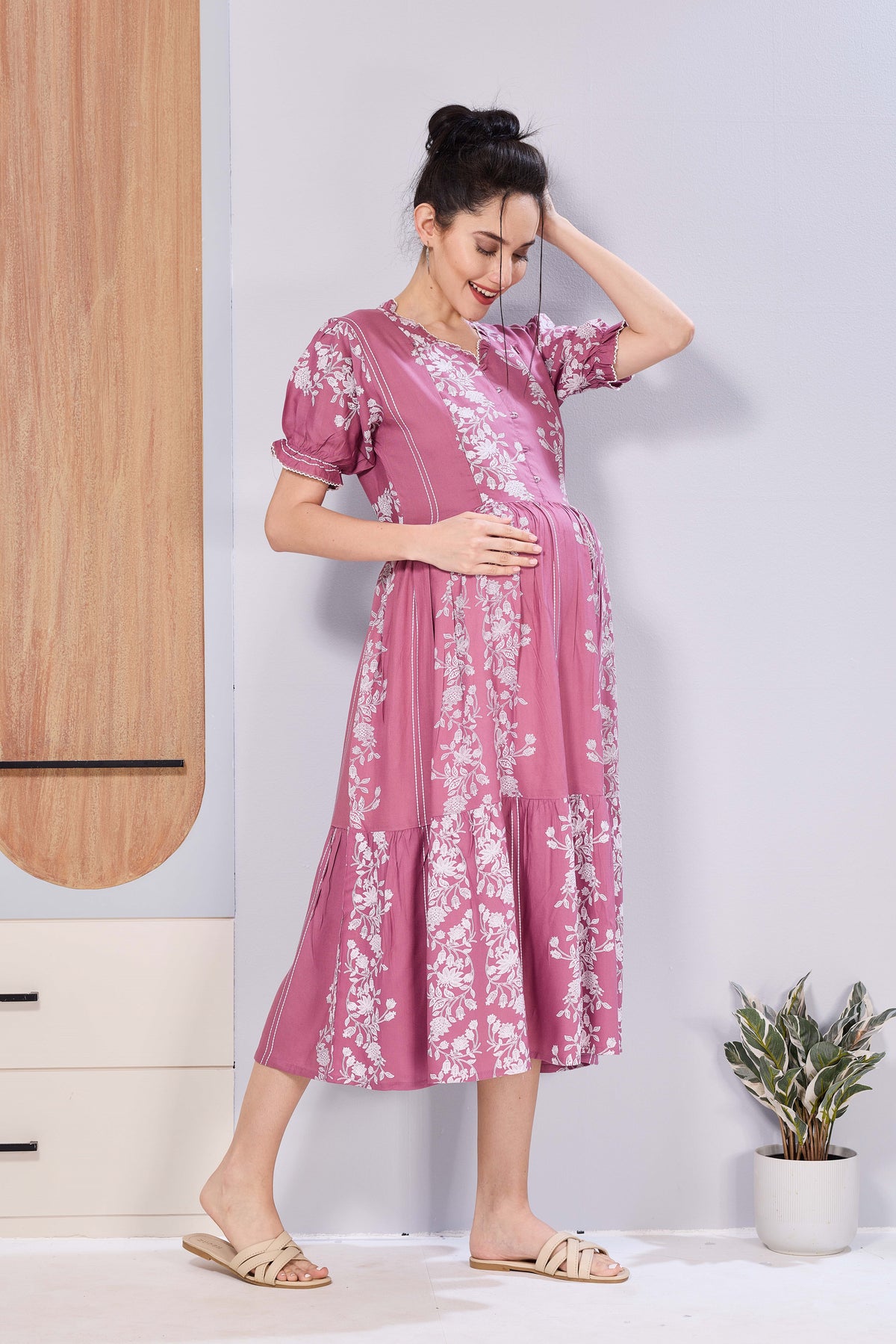 Panelled Floral Print Maternity & Feeding Maxi Dress for Women – Soft Rayon, Frilled Sleeves, Invisible Zipper, Casual Wear Frock