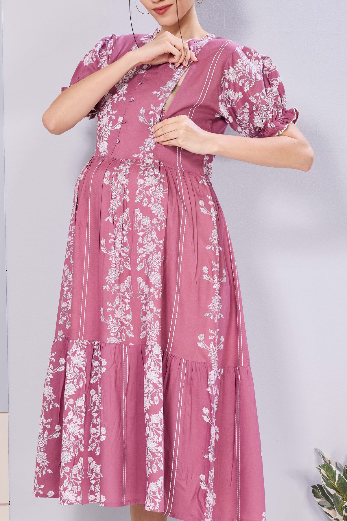 Panelled Floral Print Maternity & Feeding Maxi Dress for Women – Soft Rayon, Frilled Sleeves, Invisible Zipper, Casual Wear Frock