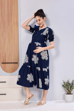 Oversized Stylized Floral Picoting Maternity & Feeding Maxi Dress for Women – Comfort Casual Maxi Frock with Invisible Zipper Nursing Wear