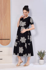 Oversized Stylized Floral Picoting Maternity & Feeding Maxi Dress for Women – Comfort Casual Maxi Frock with Invisible Zipper Nursing Wear