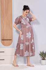 Oversized Stylized Floral Picoting Maternity & Feeding Maxi Dress for Women – Comfort Casual Maxi Frock with Invisible Zipper Nursing Wear