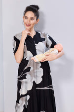 Stylish Picoting Maternity & Feeding Maxi Dress – Black & Grey Watercolour Floral Nursing Frock with Invisible Zipper & Frill Sleeves