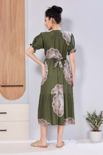 Stylish Picoting Maternity & Feeding Maxi Dress – Olive Green Watercolour Floral Nursing Frock with Invisible Zipper & Frill Sleeves