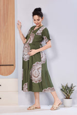 Stylish Picoting Maternity & Feeding Maxi Dress – Olive Green Watercolour Floral Nursing Frock with Invisible Zipper & Frill Sleeves