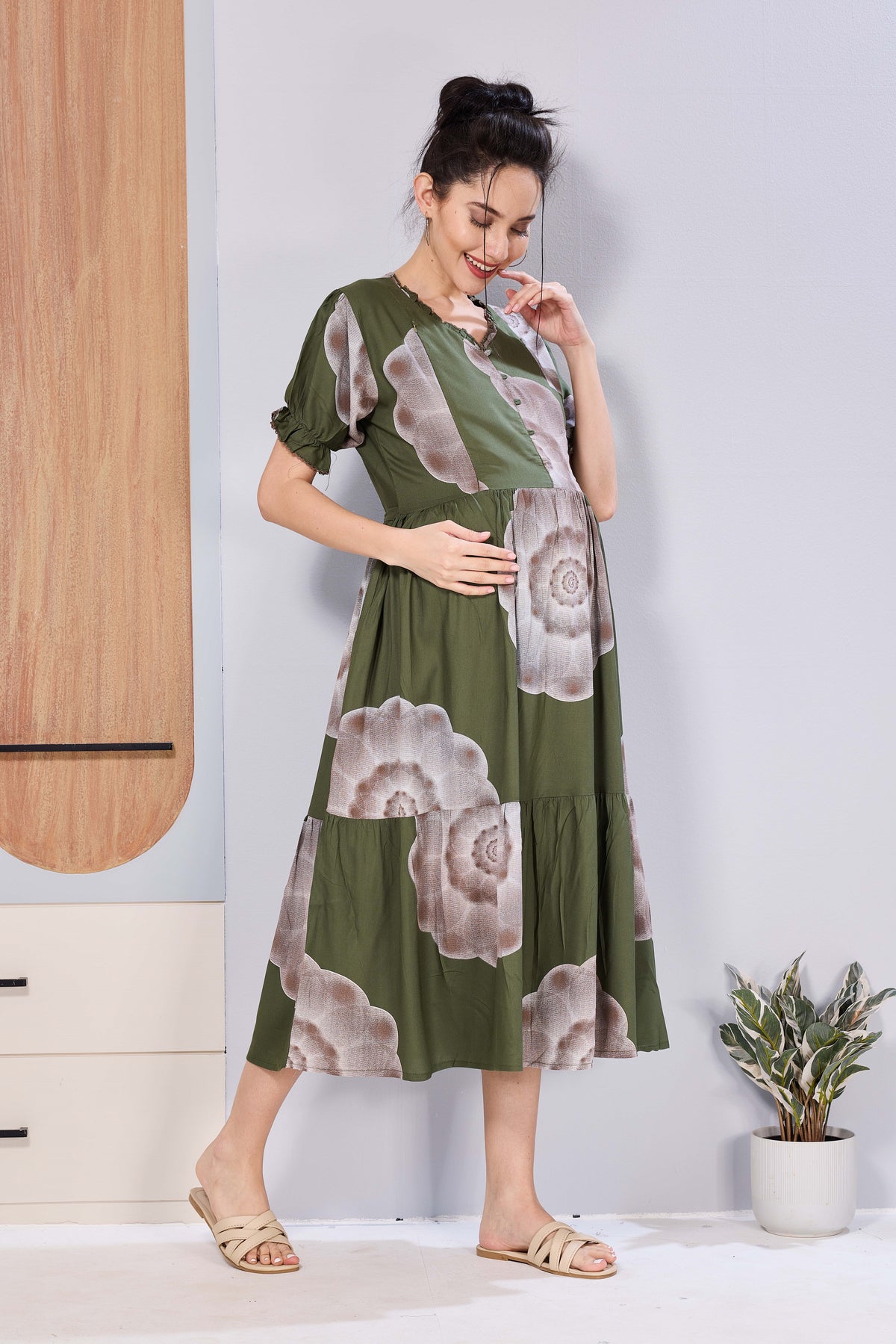Stylish Picoting Maternity & Feeding Maxi Dress – Olive Green Watercolour Floral Nursing Frock with Invisible Zipper & Frill Sleeves