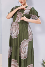 Stylish Picoting Maternity & Feeding Maxi Dress – Olive Green Watercolour Floral Nursing Frock with Invisible Zipper & Frill Sleeves