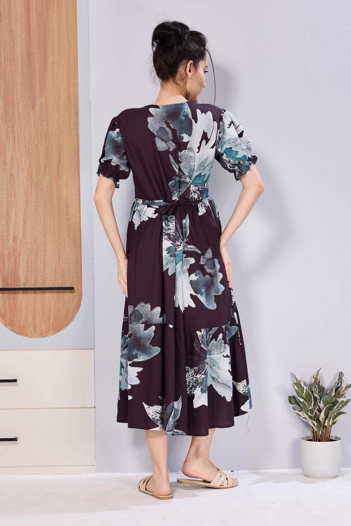Stylish Picoting Maternity & Feeding Maxi Dress – Coffee Brown Leaf Line-Art Nursing Frock with Invisible Zipper & Frill Sleeves