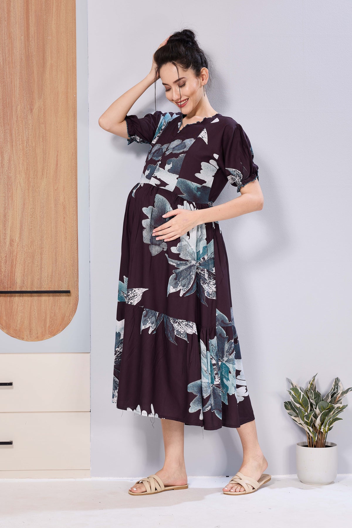 Stylish Picoting Maternity & Feeding Maxi Dress – Coffee Brown Leaf Line-Art Nursing Frock with Invisible Zipper & Frill Sleeves