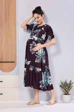 Stylish Picoting Maternity & Feeding Maxi Dress – Coffee Brown Leaf Line-Art Nursing Frock with Invisible Zipper & Frill Sleeves