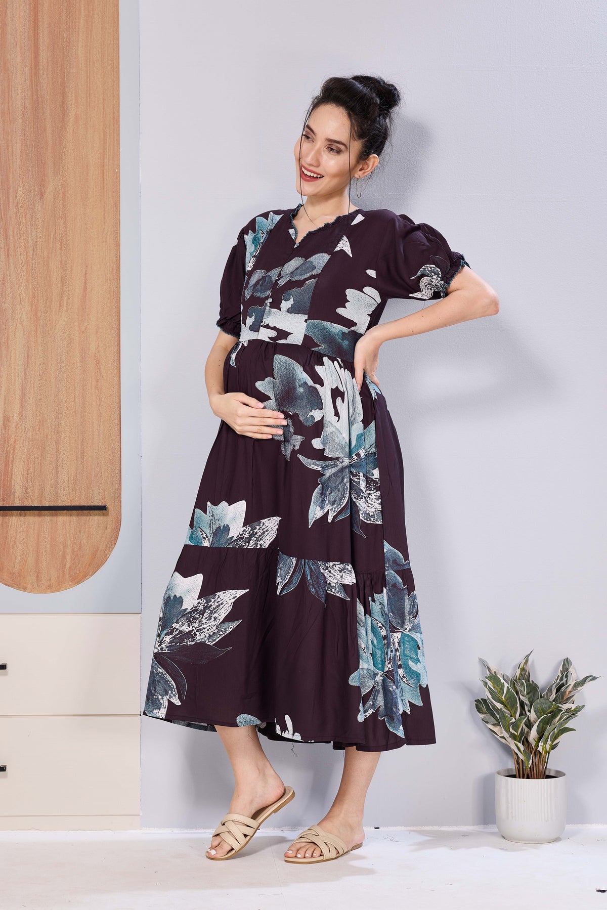 Stylish Picoting Maternity & Feeding Maxi Dress – Coffee Brown Leaf Line-Art Nursing Frock with Invisible Zipper & Frill Sleeves