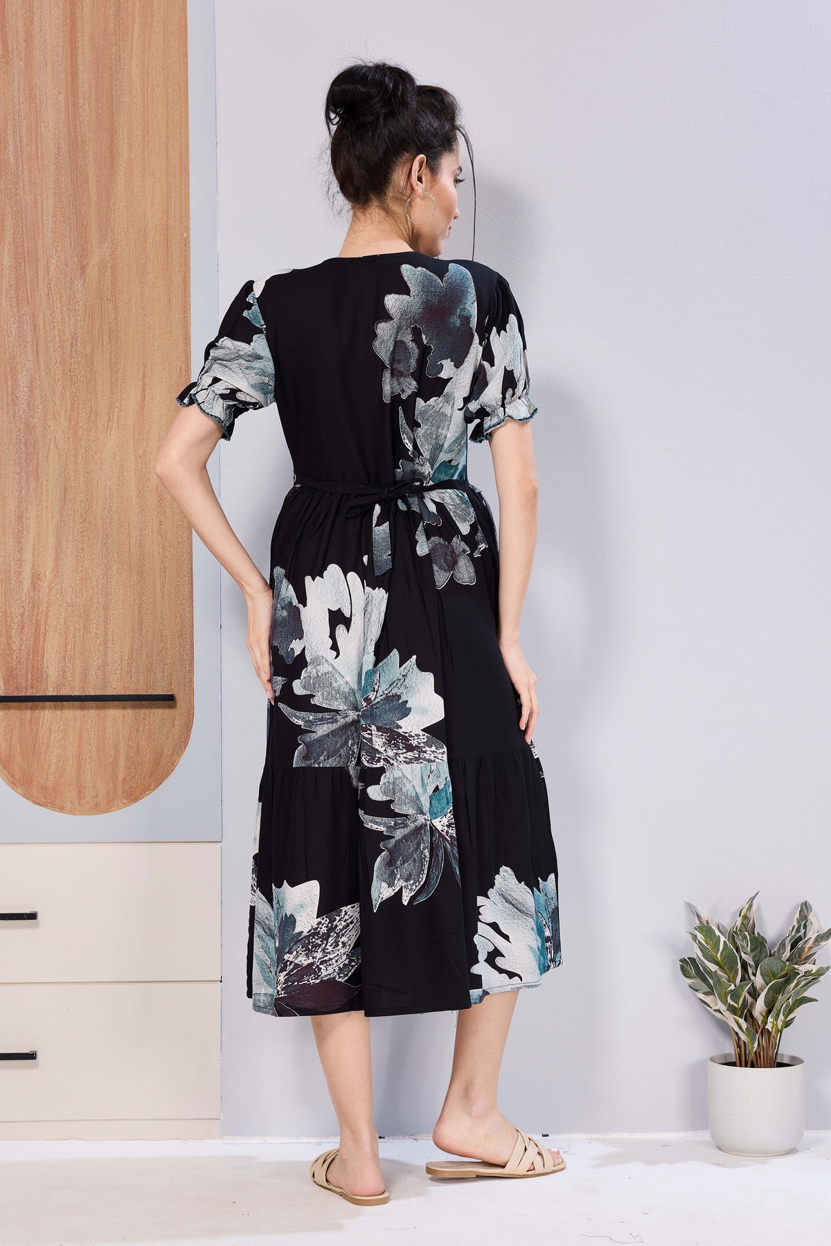Stylish Picoting Maternity & Feeding Maxi Dress – Coffee Brown Leaf Line-Art Nursing Frock with Invisible Zipper & Frill Sleeves