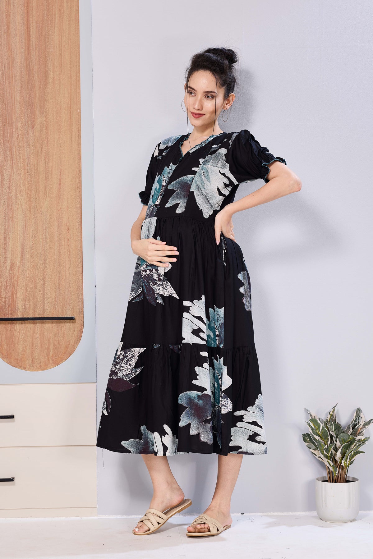 Stylish Picoting Maternity & Feeding Maxi Dress – Coffee Brown Leaf Line-Art Nursing Frock with Invisible Zipper & Frill Sleeves