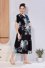 Stylish Picoting Maternity & Feeding Maxi Dress – Coffee Brown Leaf Line-Art Nursing Frock with Invisible Zipper & Frill Sleeves