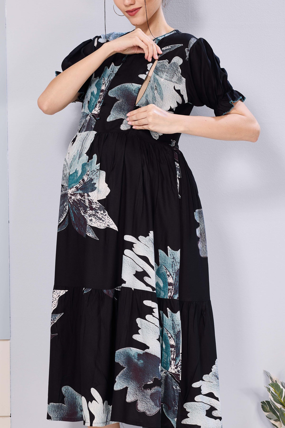 Stylish Picoting Maternity & Feeding Maxi Dress – Coffee Brown Leaf Line-Art Nursing Frock with Invisible Zipper & Frill Sleeves