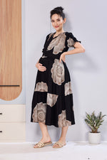 Stylish Picoting Maternity & Feeding Maxi Dress – Olive Green Watercolour Floral Nursing Frock with Invisible Zipper & Frill Sleeves