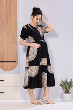 Stylish Picoting Maternity & Feeding Maxi Dress – Olive Green Watercolour Floral Nursing Frock with Invisible Zipper & Frill Sleeves