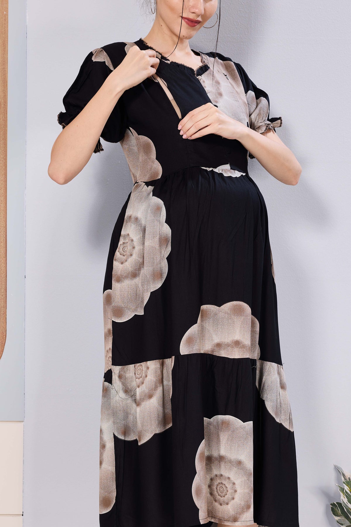 Stylish Picoting Maternity & Feeding Maxi Dress – Olive Green Watercolour Floral Nursing Frock with Invisible Zipper & Frill Sleeves