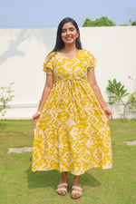 Rayon Colourful Foil Printing Gathering Frock Model Nighties | Side Pocket and Gathering Front Rope | Fancy Sleeve & Maxi Frock Nightwear for Stylish Women's (FGF)