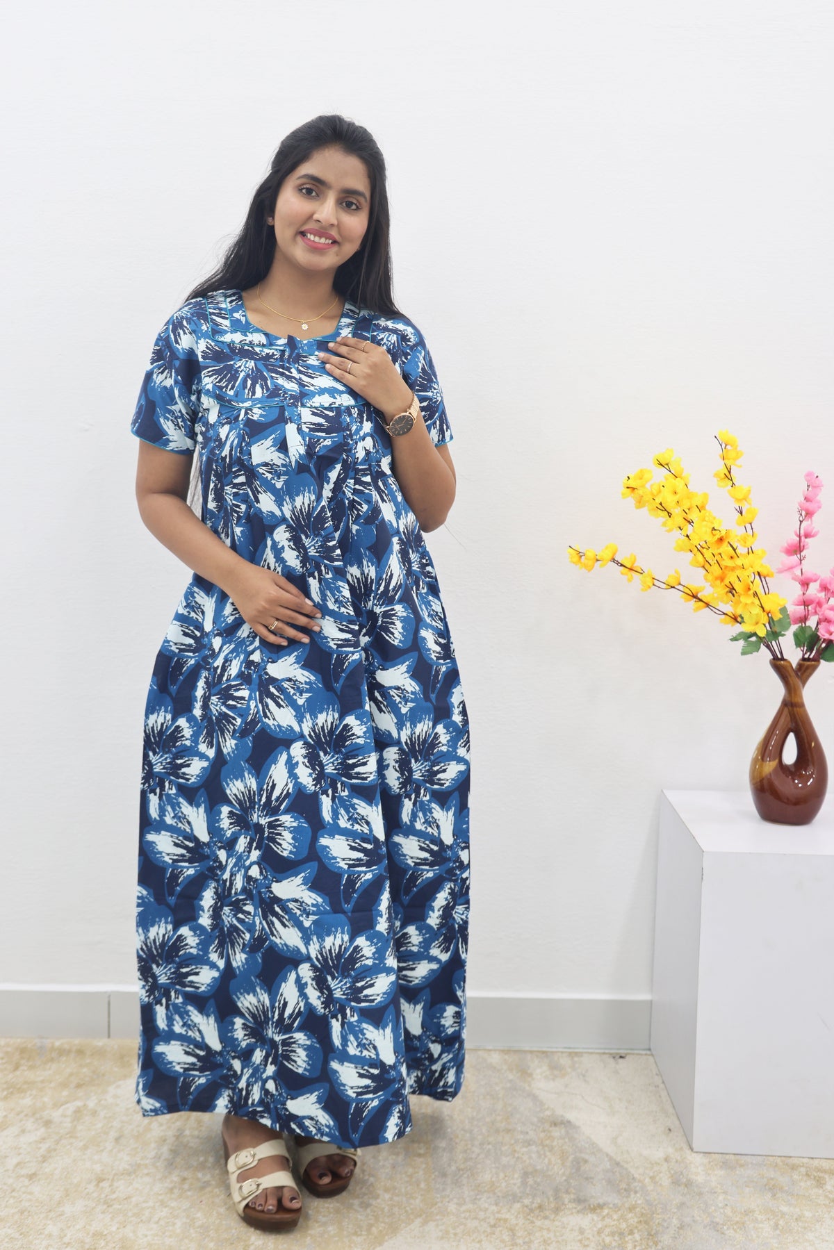 MANGAI Cotton Printed Pleated Nighties - All Over Printed Stylish Nighties | Side Cut Pocket | Front Open Zipper Type | Beautiful Nighties for Stylish Women's (SLB-P)