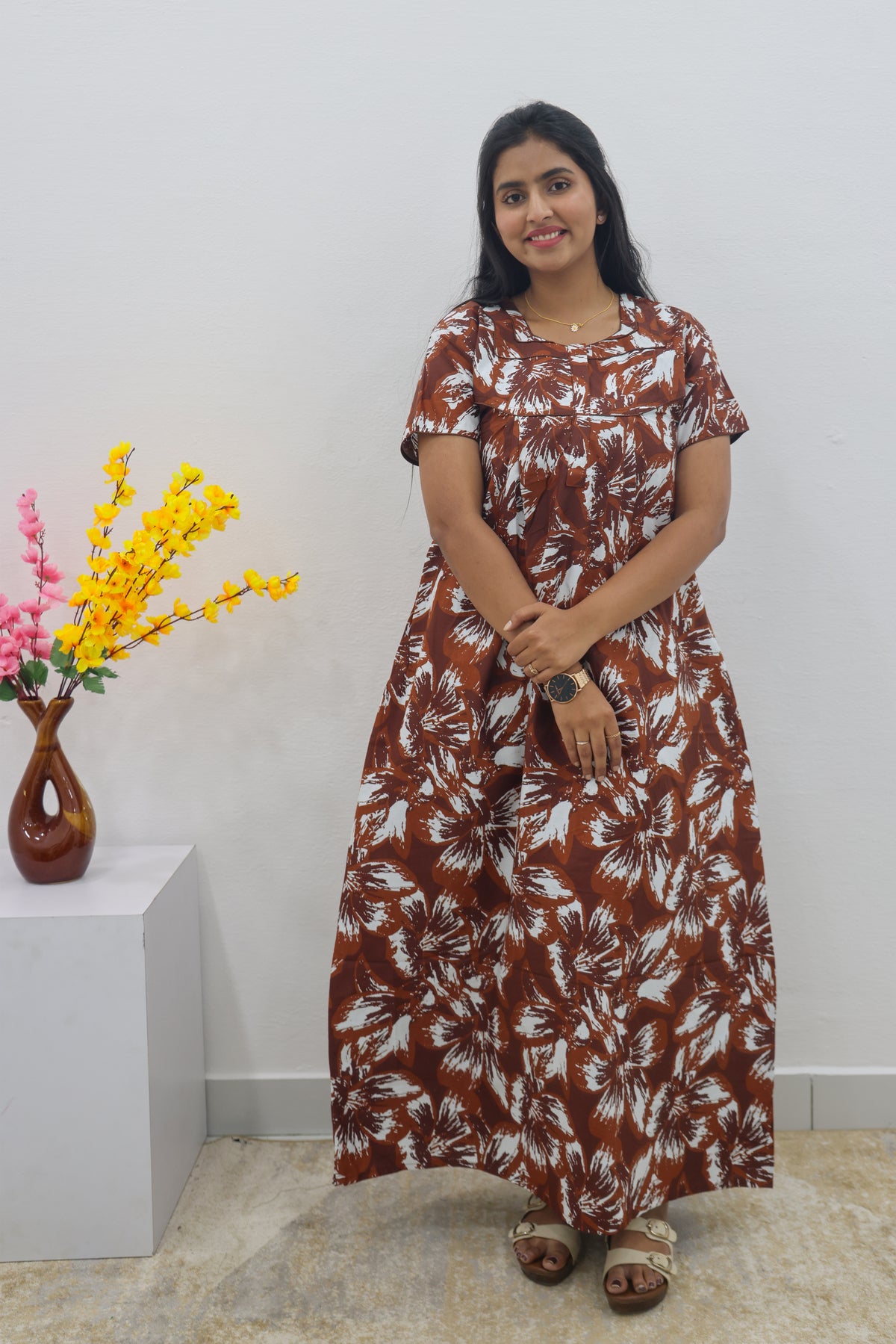 MANGAI Cotton Printed Pleated Nighties - All Over Printed Stylish Nighties | Side Cut Pocket | Front Open Zipper Type | Beautiful Nighties for Stylish Women's (SLB-P)