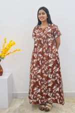 MANGAI Cotton Printed Pleated Nighties - All Over Printed Stylish Nighties | Side Cut Pocket | Front Open Zipper Type | Beautiful Nighties for Stylish Women's (SLB-P)
