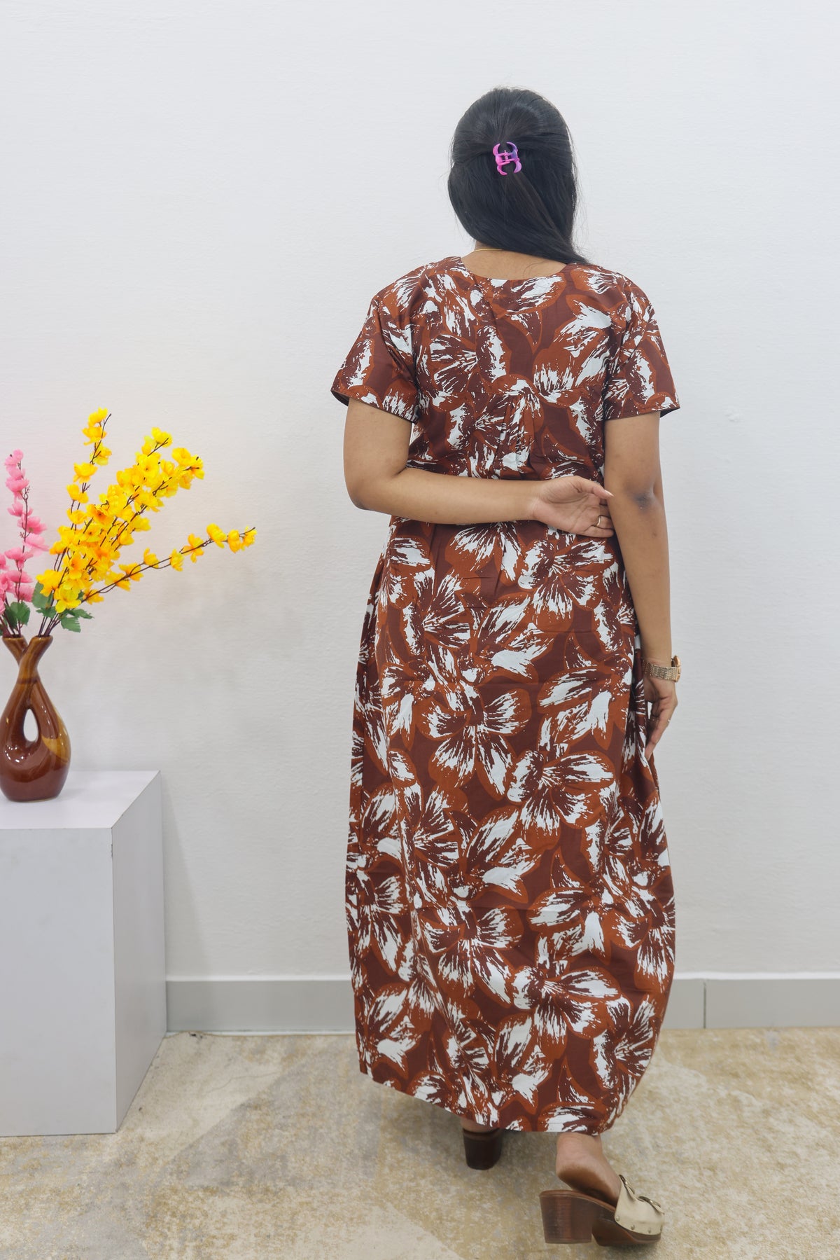 MANGAI Cotton Printed Pleated Nighties - All Over Printed Stylish Nighties | Side Cut Pocket | Front Open Zipper Type | Beautiful Nighties for Stylish Women's (SLB-P)