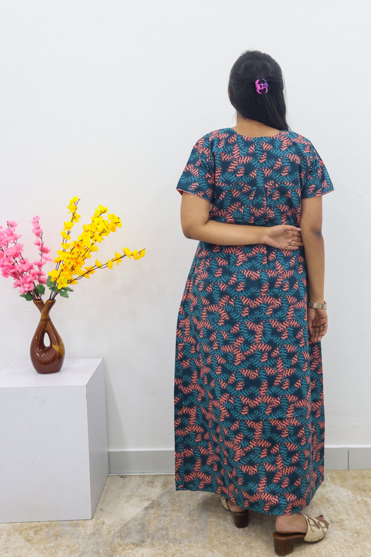 MANGAI Cotton Printed Pleated Nighties - All Over Printed Stylish Nighties | Side Cut Pocket | Front Open Zipper Type | Beautiful Nighties for Stylish Women's (SLB-P)